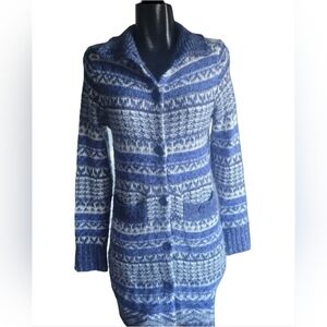 Blue and White Button Up Front Knit Mid Length Cardigan By Joseph A Small